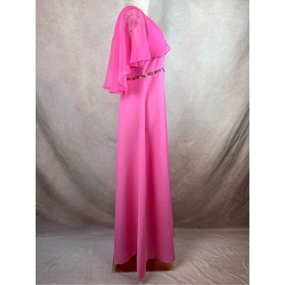 Vintage 1970s Hot Pink Evening Gown Dress Mod MCM Disco Floral Medium Sheer - Picture 6 of 8